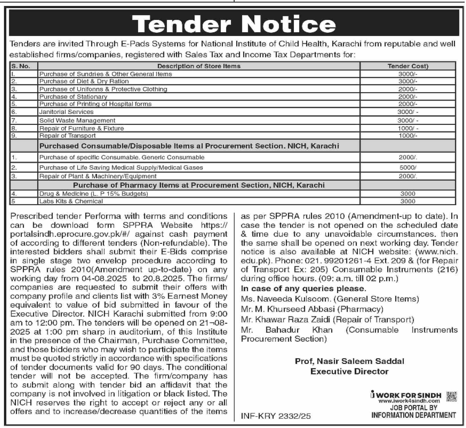 National Institute of Child Health Karachi Tender Notice